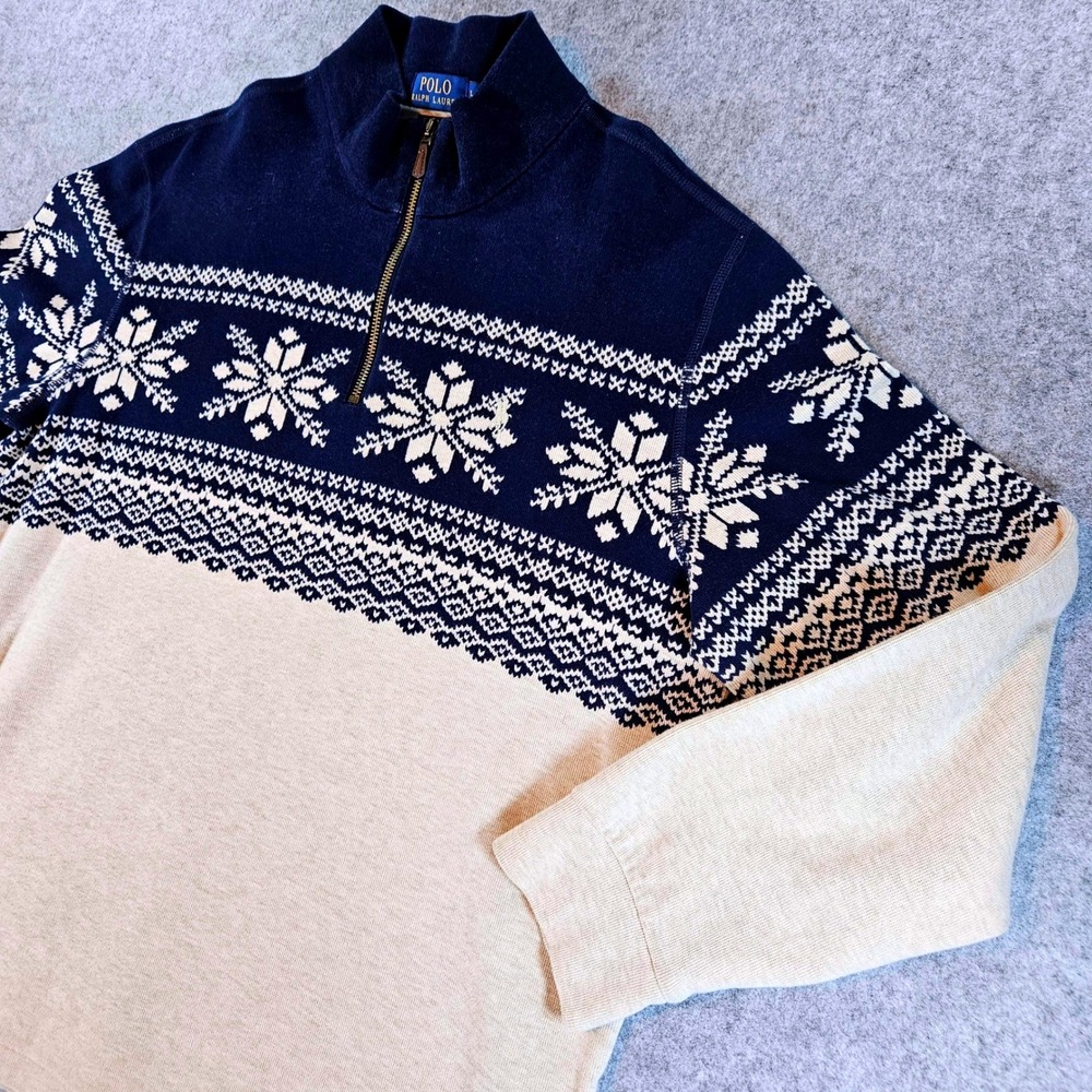 Polo Ralph Lauren Estate Rib 1/4 Zip Fair Isle Snowflake Navy Tan Sweater Large